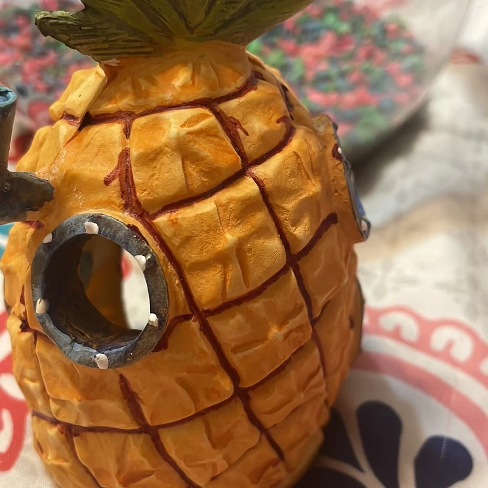 I’m am selling a small aquarium with a PLASTIC plant and a SpongeBob pineapple